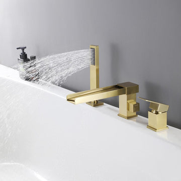 Deck-Mount Waterfall Roman Bathtub Filler Faucet with Handshower in Brushed Gold